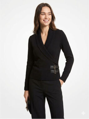 Women's Michael Kors Black Shawl Collar Wrap Sweater Faux Leather Buckle M - 642